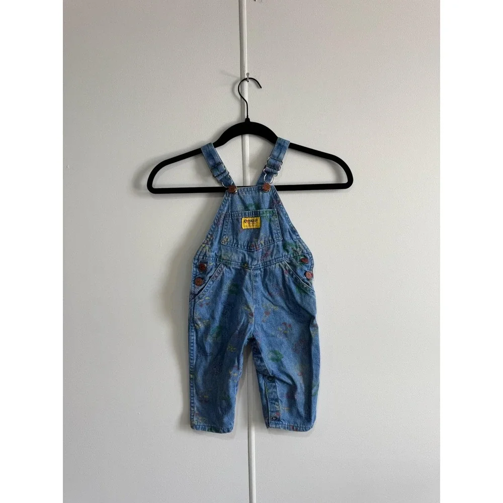 Vintage OshKosh B'gosh Overalls Toddler Boys 12-18M Blue Denim Animal‎ Print 90s